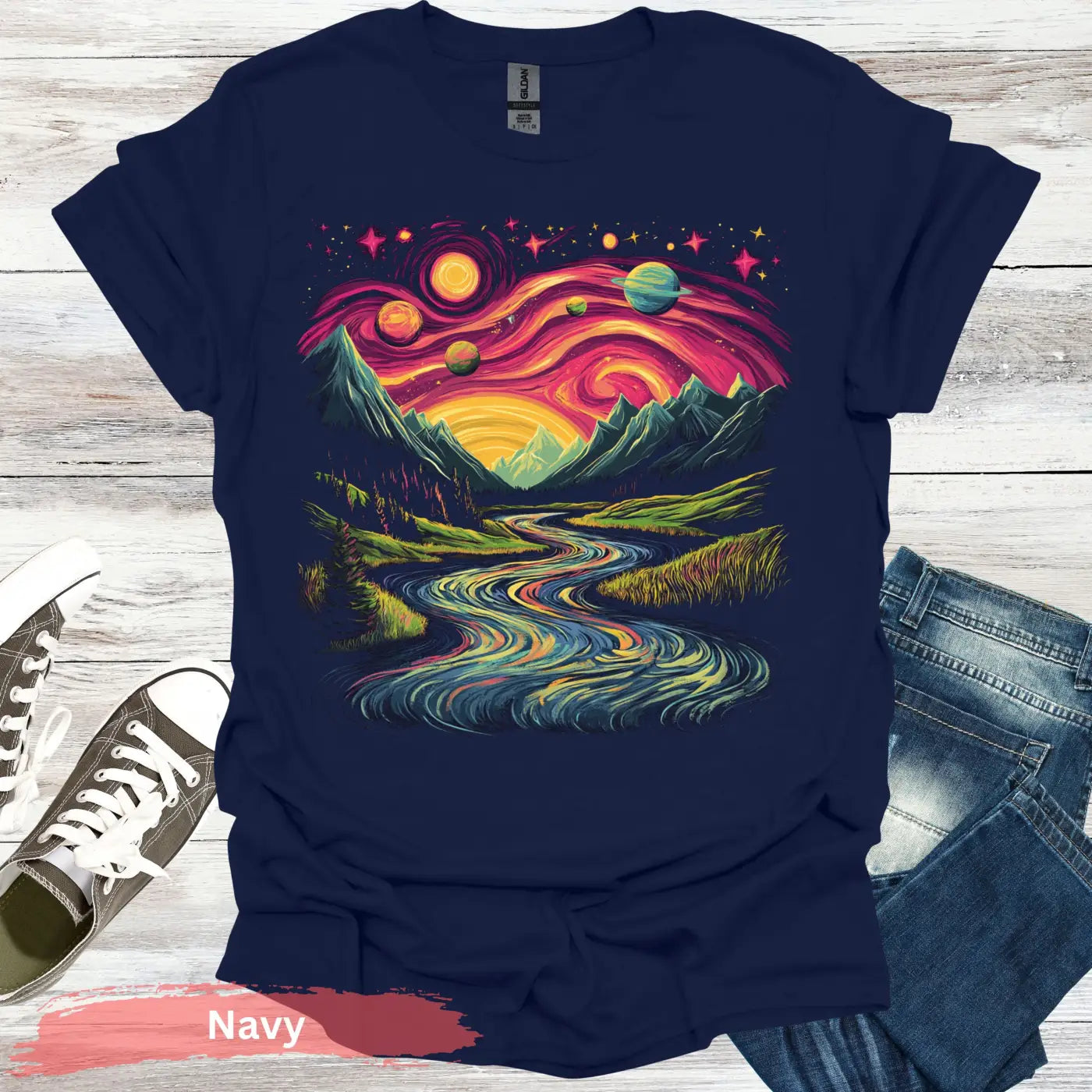 Cosmic Mountain Landscape T-Shirt - S / Navy - Physical Item