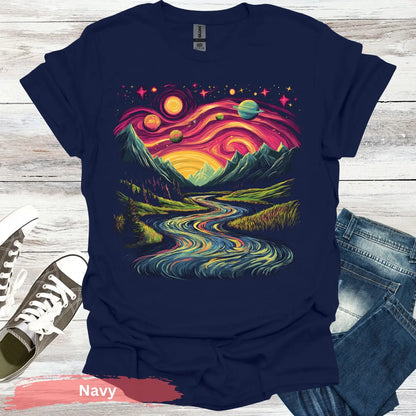 Cosmic Mountain Landscape T-Shirt - S / Navy - Physical Item
