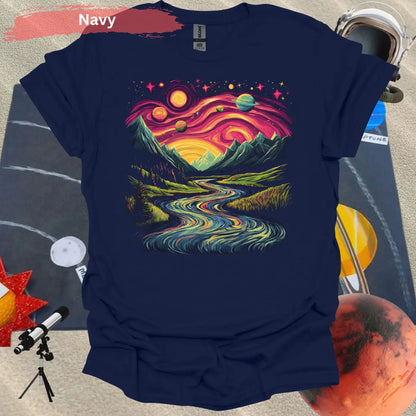 Cosmic Mountain Landscape T-Shirt - S / Navy - Physical Item