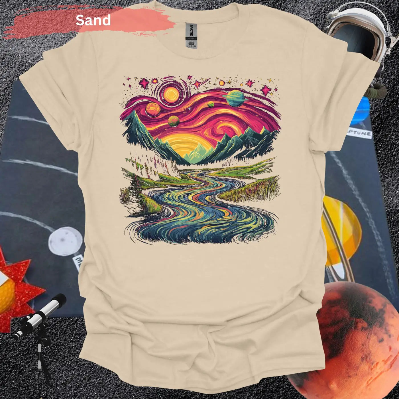 Cosmic Mountain Landscape T-Shirt - S / Sand - Physical Item