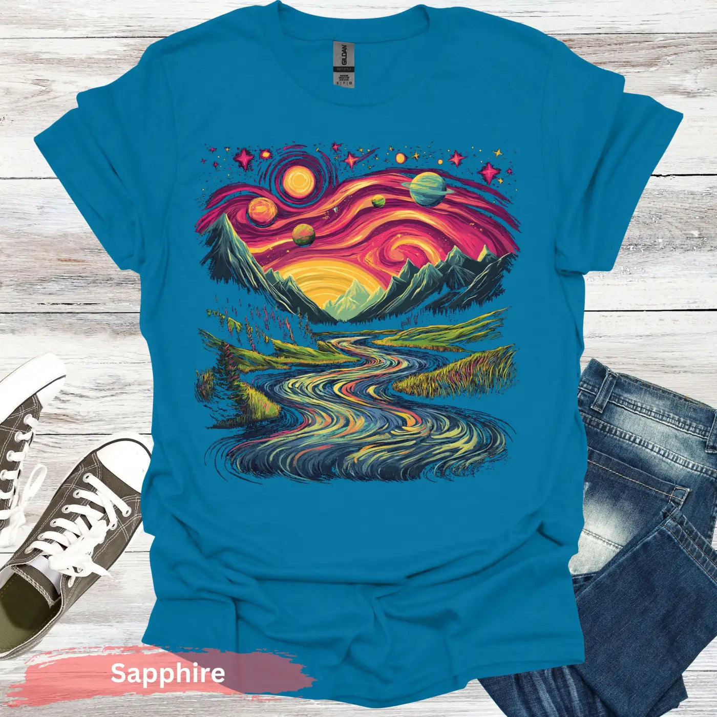 Cosmic Mountain Landscape T-Shirt - S / Sapphire - Physical Item
