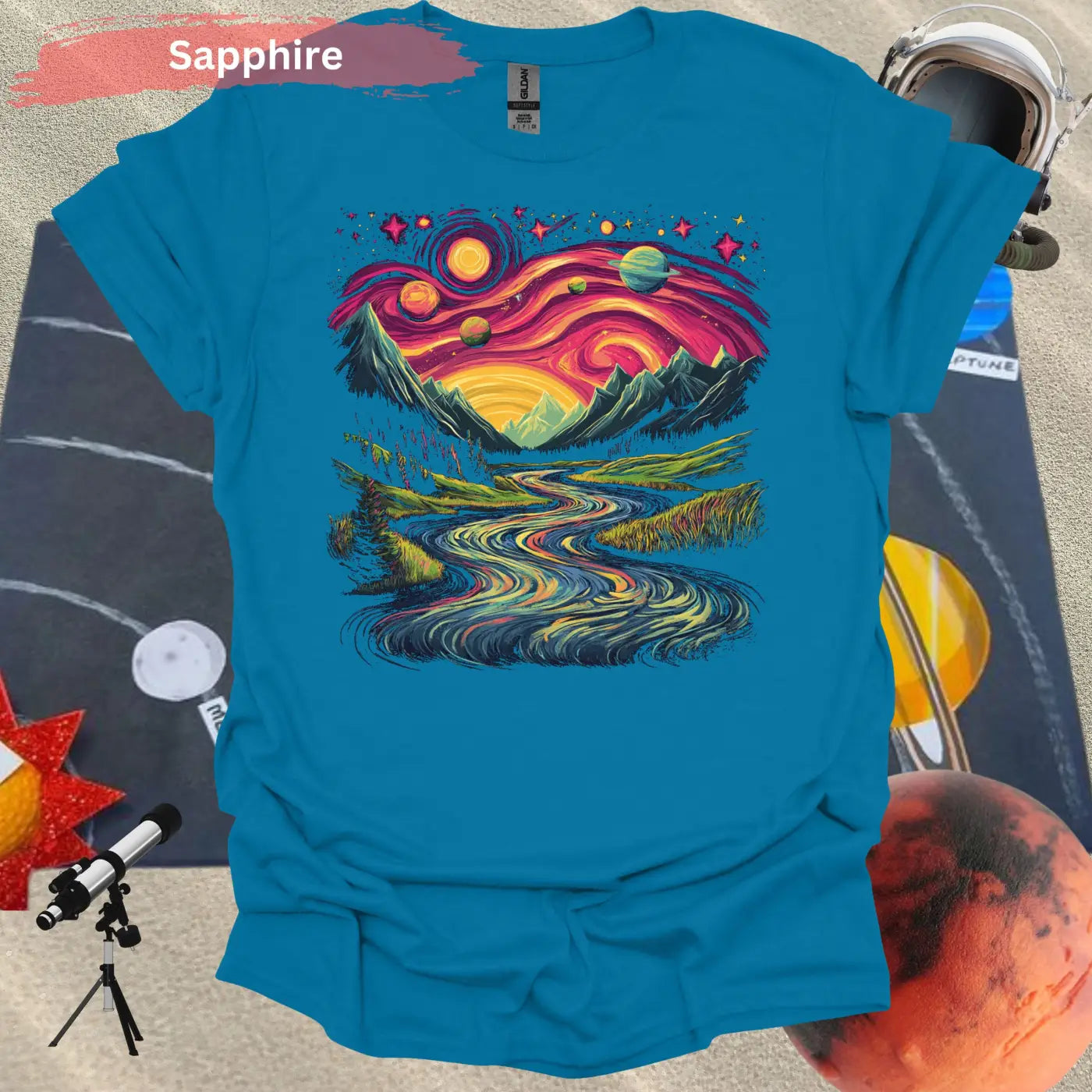 Cosmic Mountain Landscape T-Shirt - S / Sapphire - Physical Item