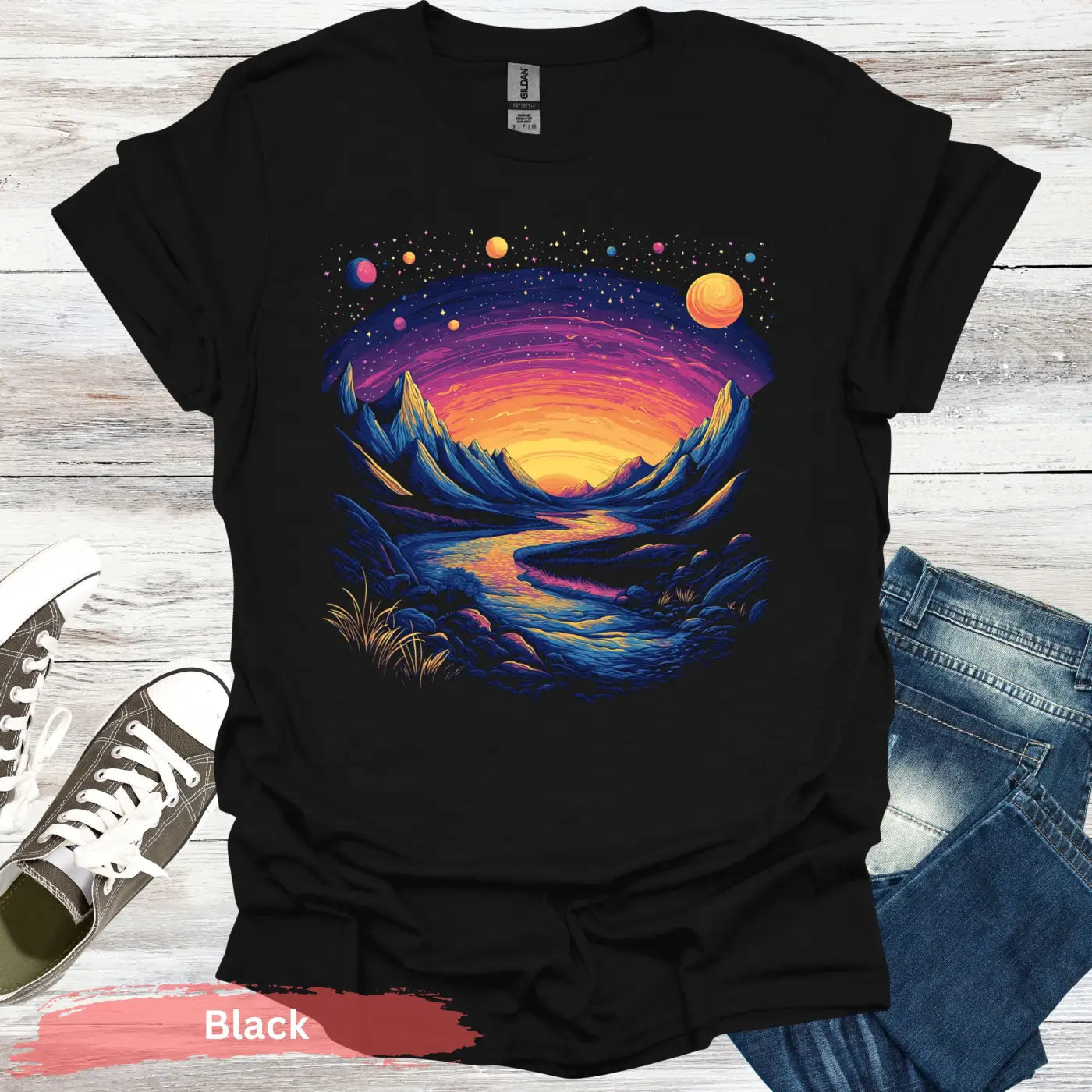 Cosmic Mountains Surreal Landscape T-shirt - S / Black - Physical Item