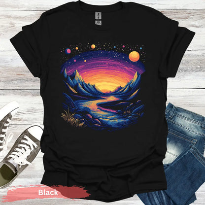 Cosmic Mountains Surreal Landscape T-shirt - S / Black - Physical Item