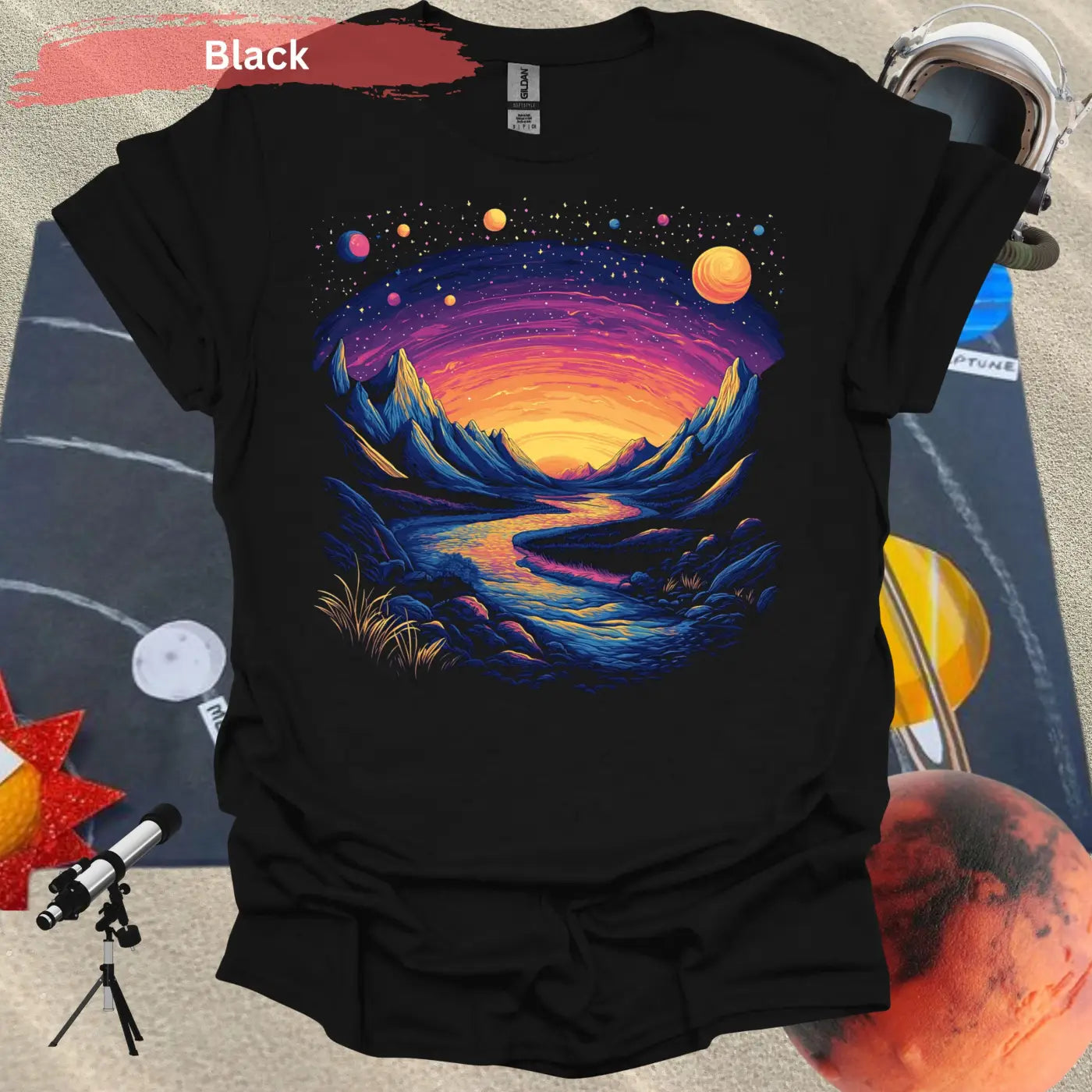 Cosmic Mountains Surreal Landscape T-shirt - S / Black - Physical Item