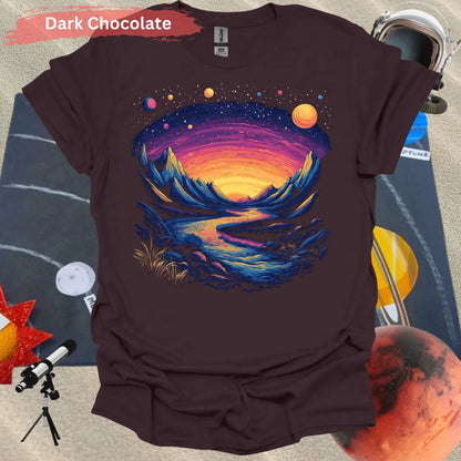 Cosmic Mountains Surreal Landscape T-shirt - S / Dark Chocolate - Physical Item