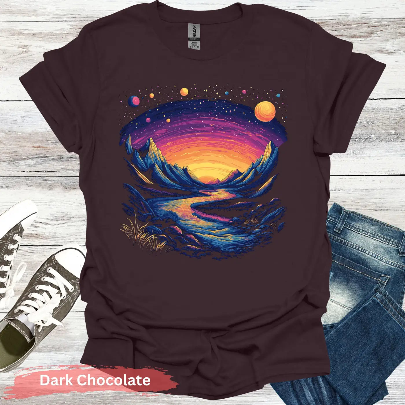 Cosmic Mountains Surreal Landscape T-shirt - S / Dark Chocolate - Physical Item