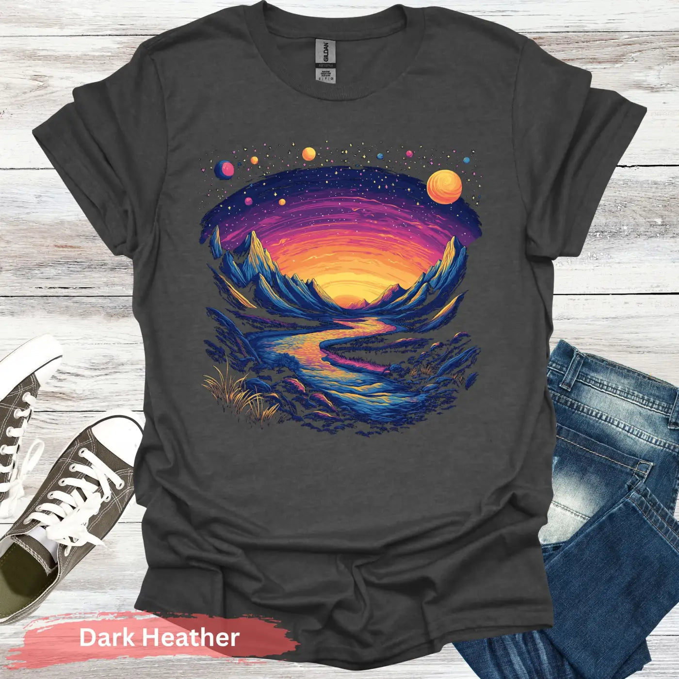 Cosmic Mountains Surreal Landscape T-shirt - S / Dark Heather - Physical Item