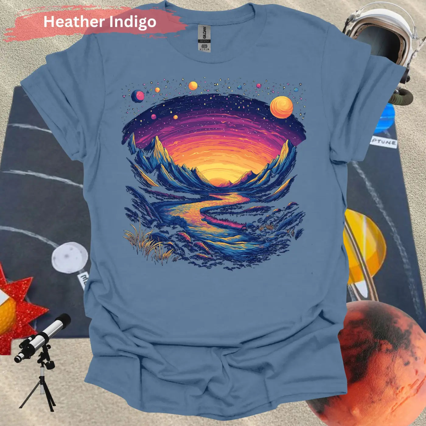 Cosmic Mountains Surreal Landscape T-shirt - S / Heather Indigo - Physical Item