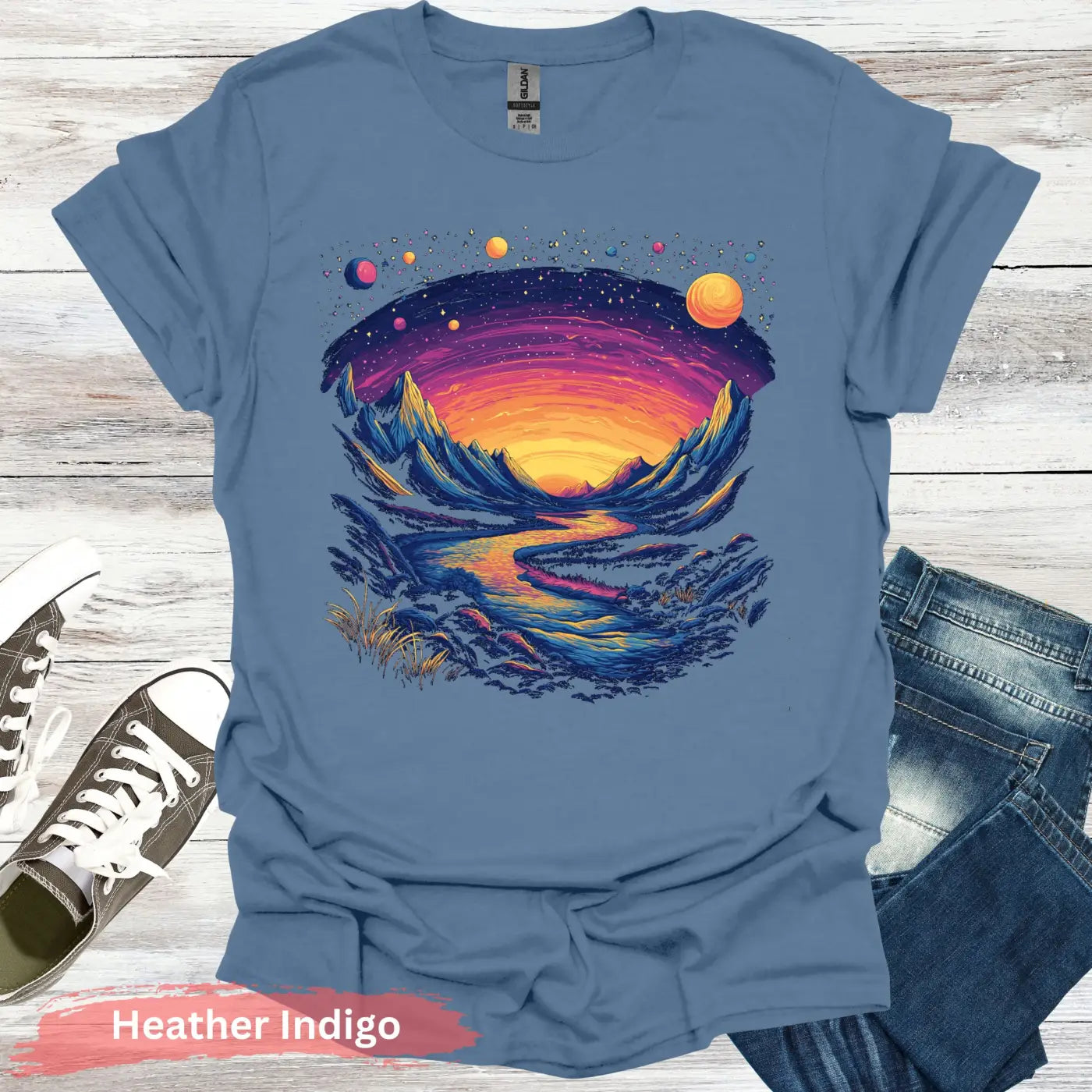 Cosmic Mountains Surreal Landscape T-shirt - S / Heather Indigo - Physical Item