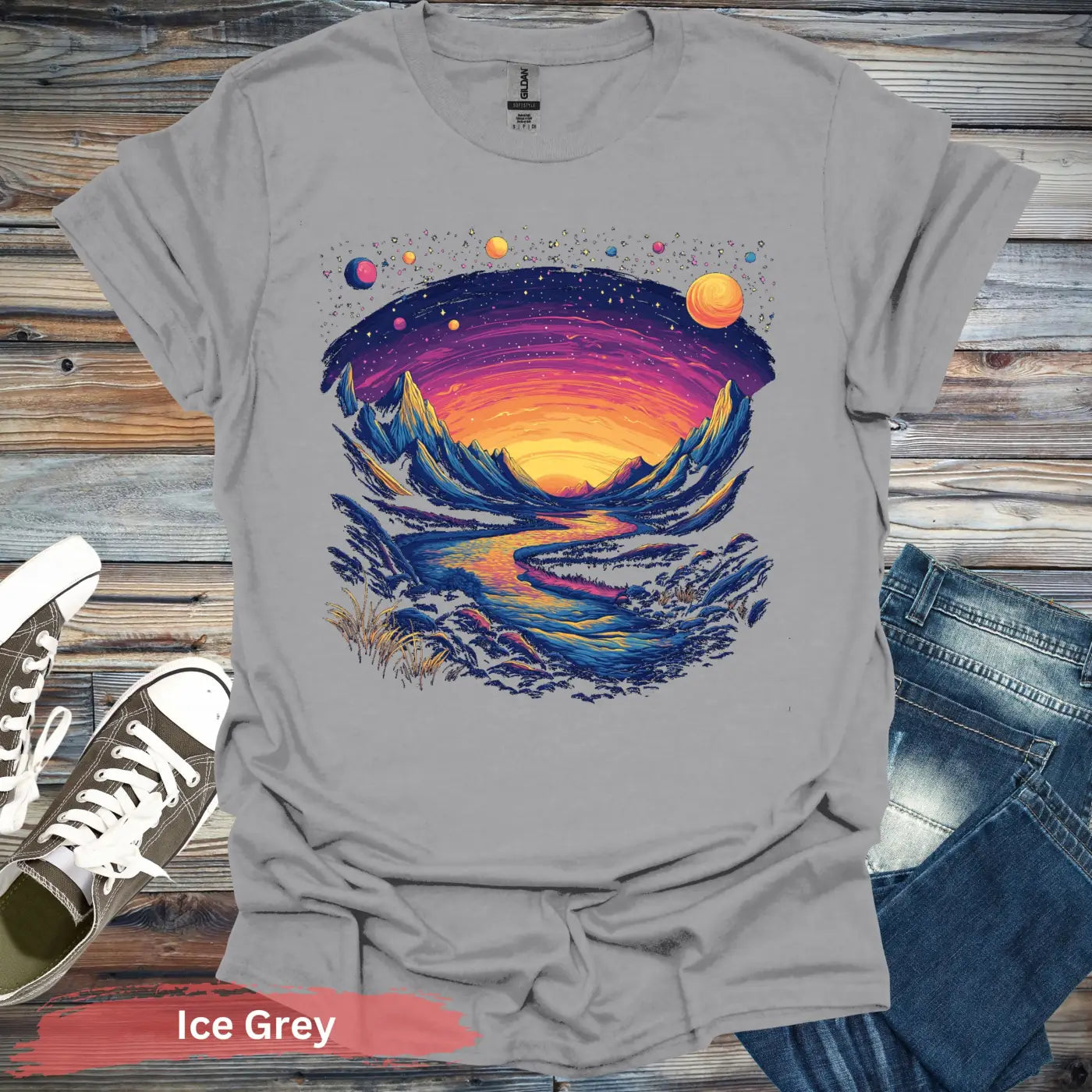 Cosmic Mountains Surreal Landscape T-shirt - S / Ice Grey - Physical Item