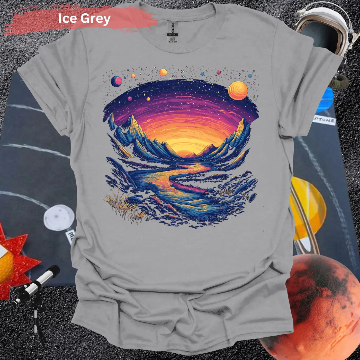 Cosmic Mountains Surreal Landscape T-shirt - S / Ice Grey - Physical Item