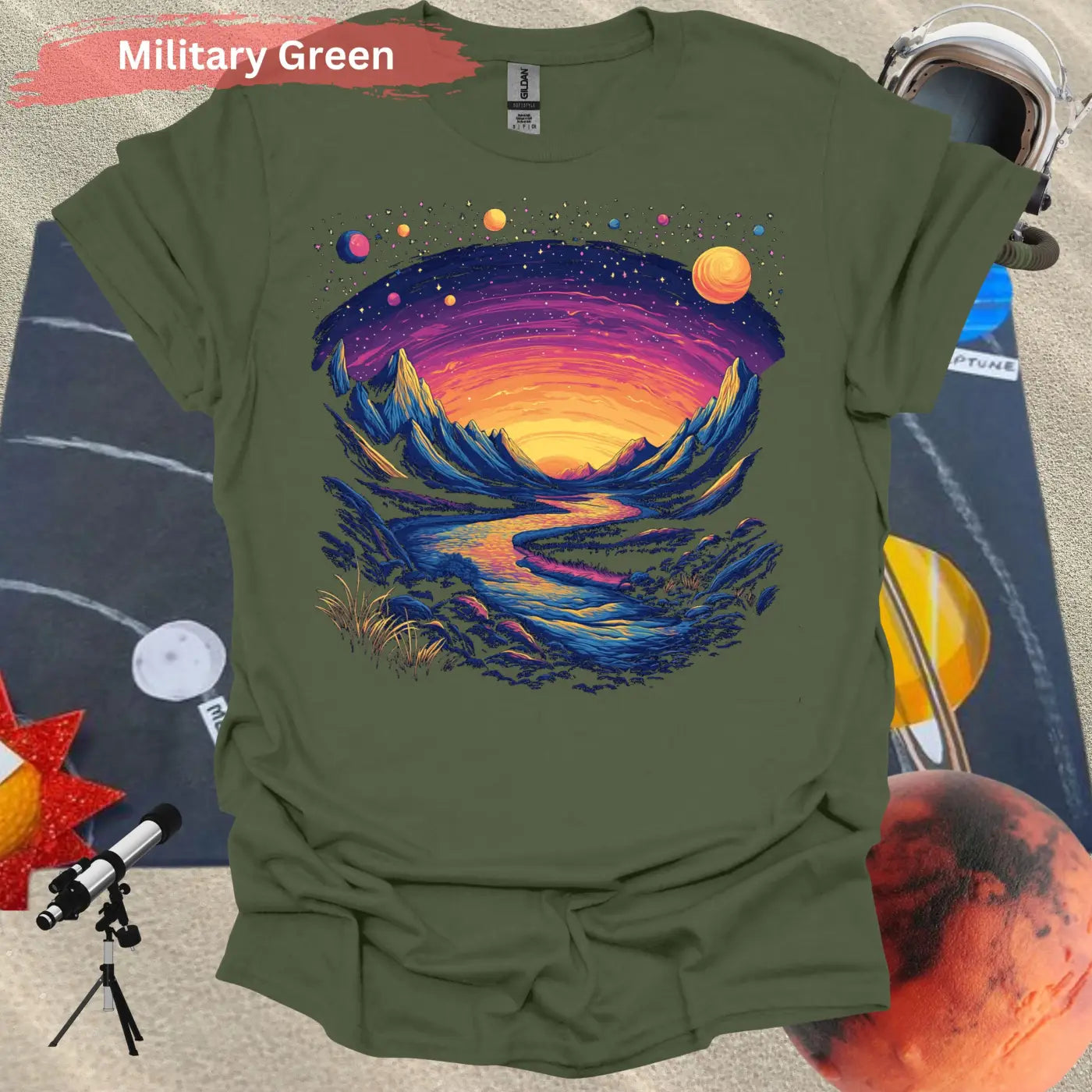 Cosmic Mountains Surreal Landscape T-shirt - S / Military Green - Physical Item