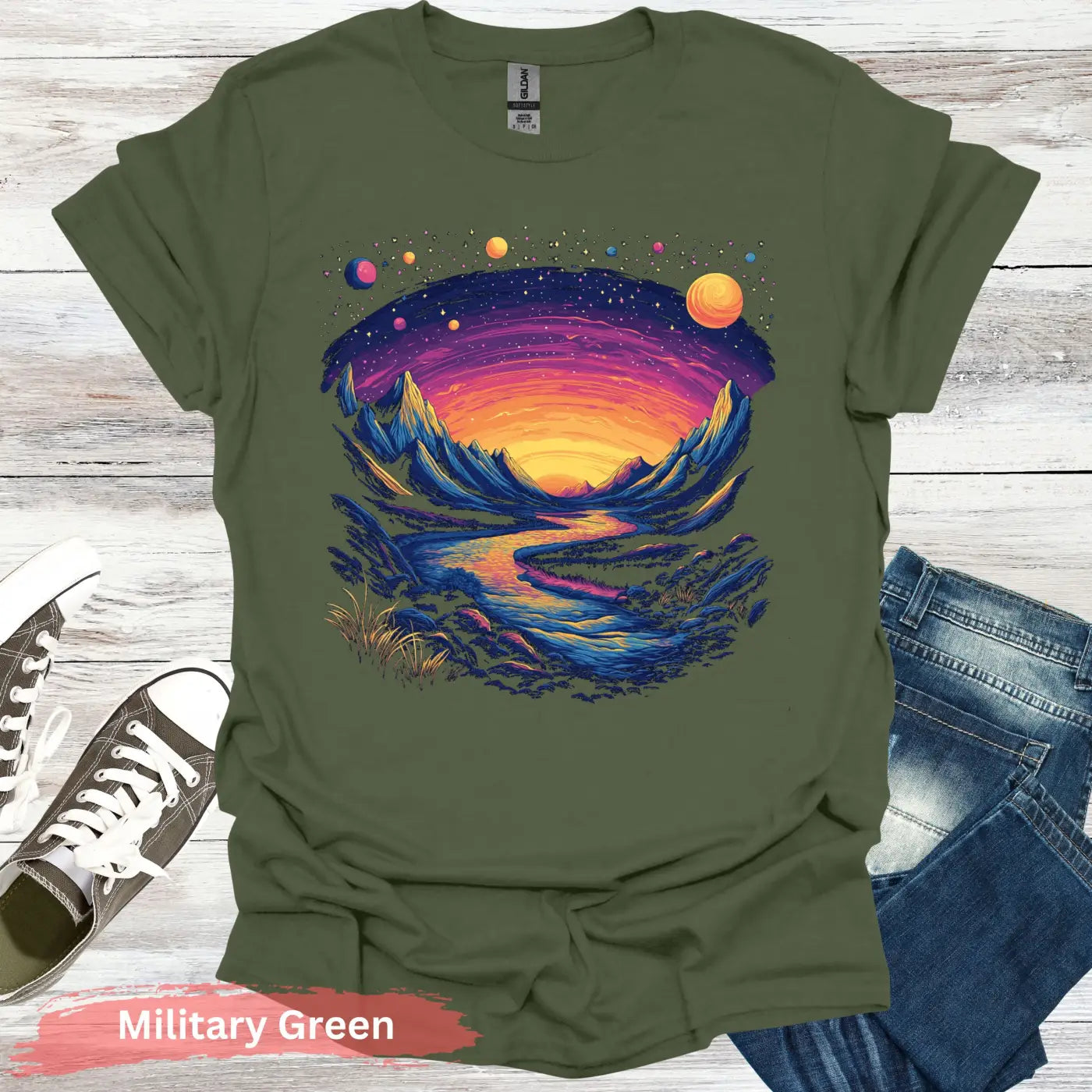Cosmic Mountains Surreal Landscape T-shirt - S / Military Green - Physical Item