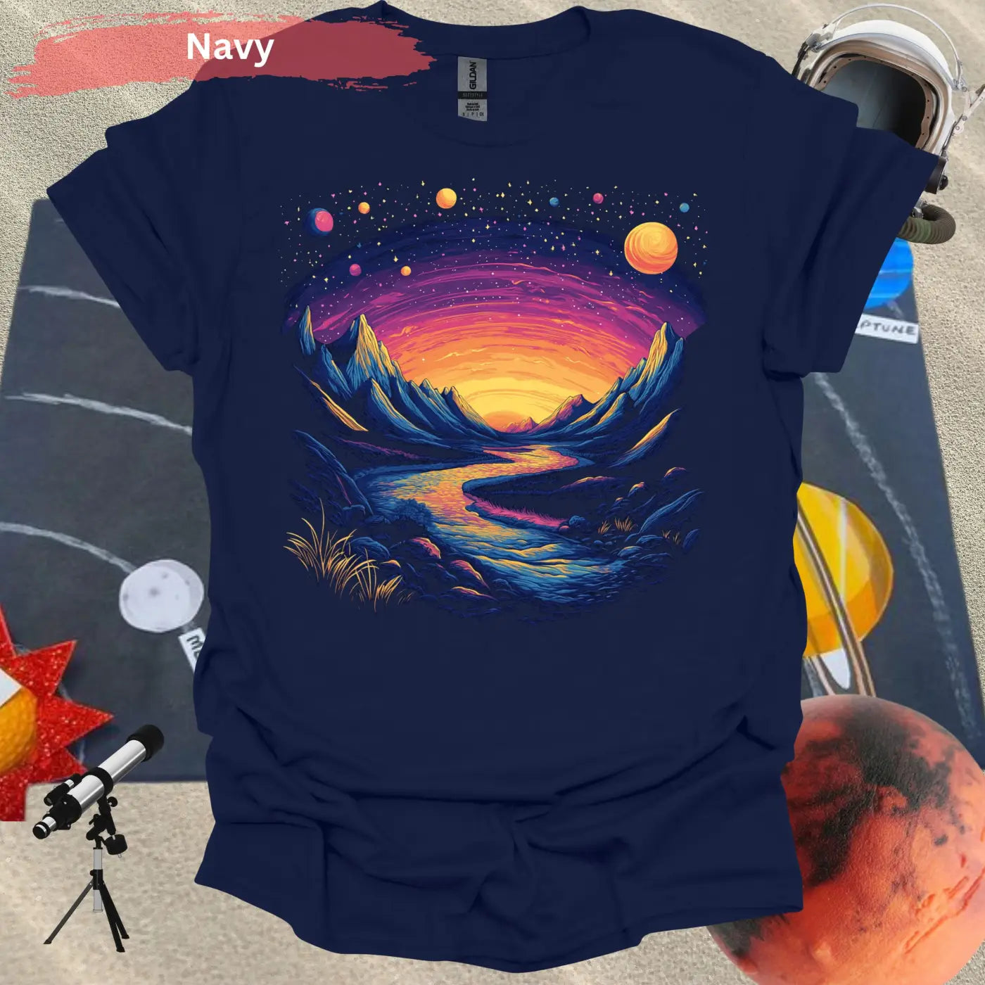 Cosmic Mountains Surreal Landscape T-shirt - S / Navy - Physical Item