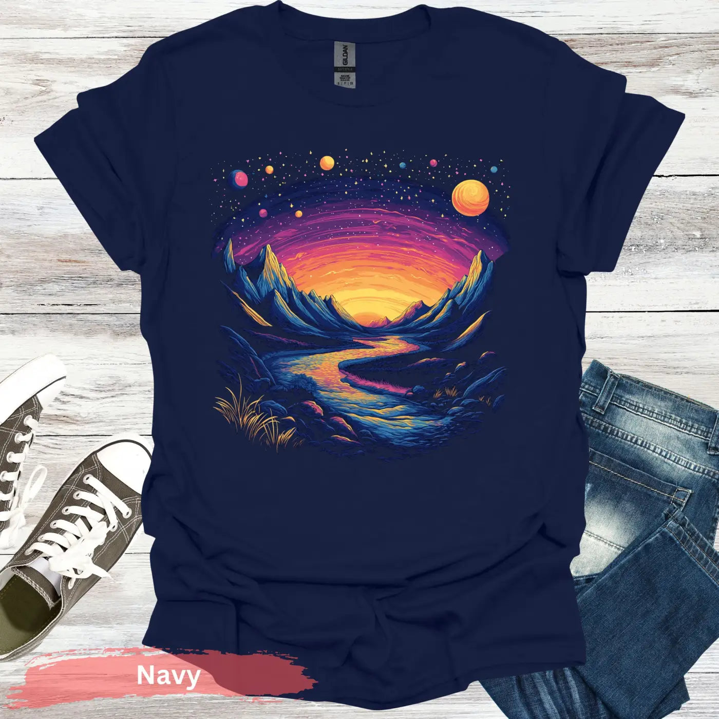 Cosmic Mountains Surreal Landscape T-shirt - S / Navy - Physical Item