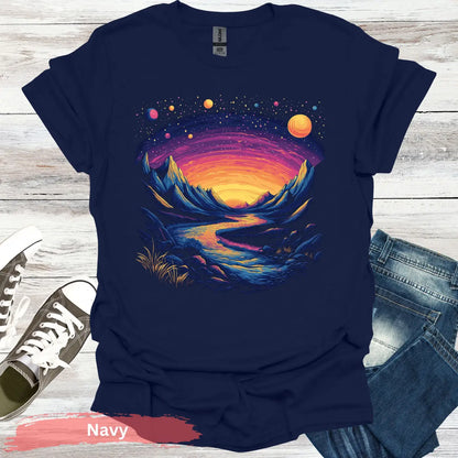 Cosmic Mountains Surreal Landscape T-shirt - S / Navy - Physical Item