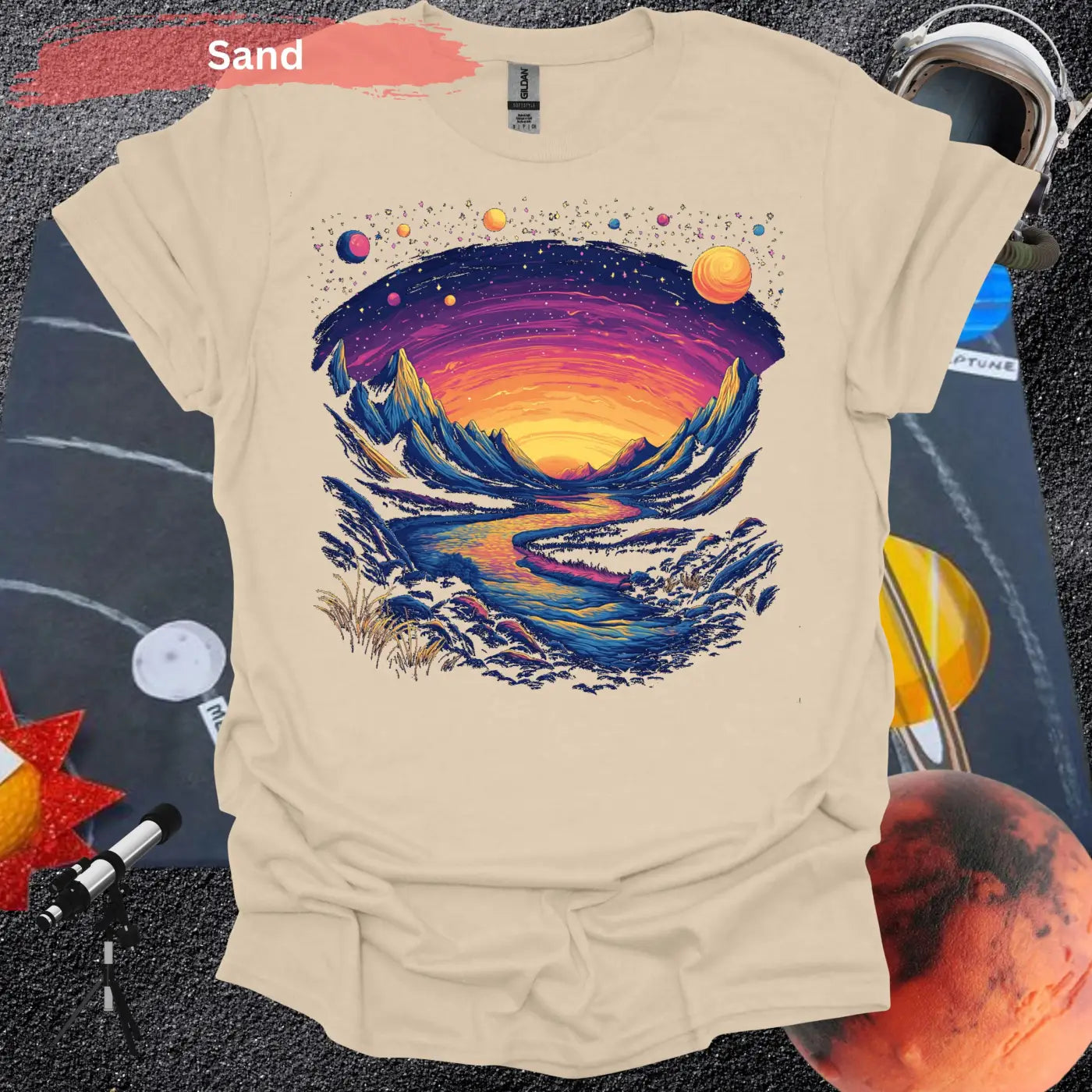 Cosmic Mountains Surreal Landscape T-shirt - S / Sand - Physical Item