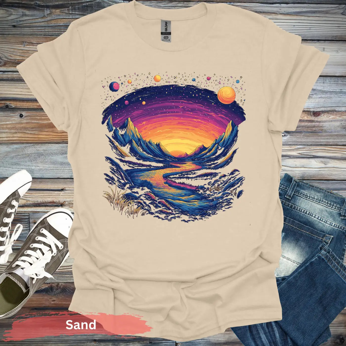 Cosmic Mountains Surreal Landscape T-shirt - S / Sand - Physical Item