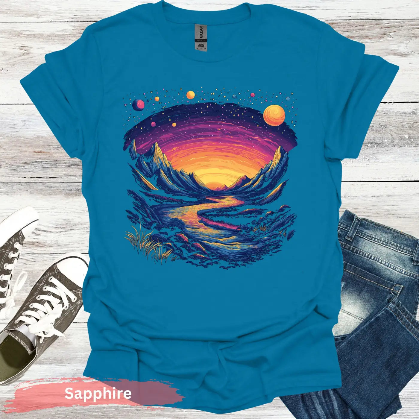 Cosmic Mountains Surreal Landscape T-shirt - S / Sapphire - Physical Item