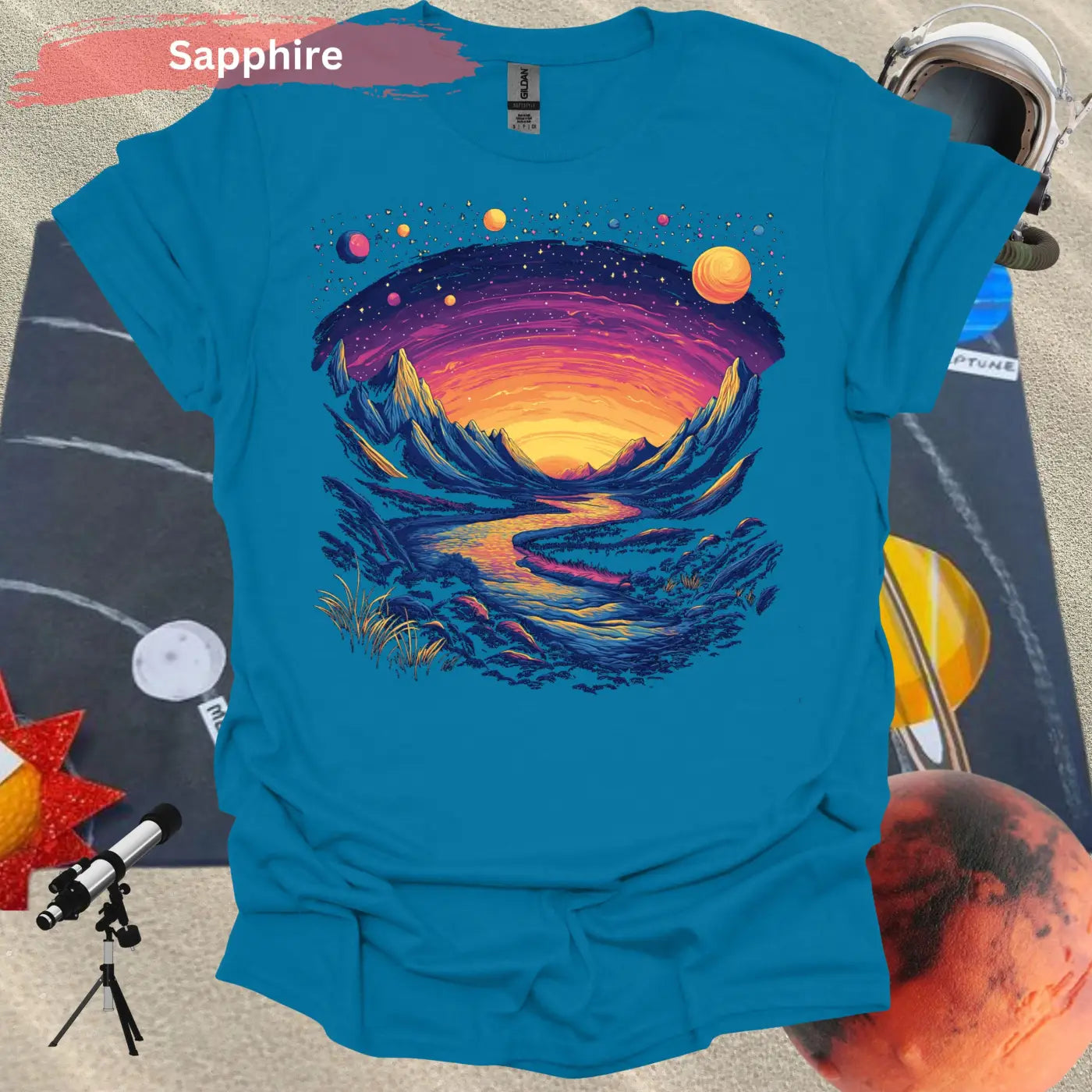 Cosmic Mountains Surreal Landscape T-shirt - S / Sapphire - Physical Item