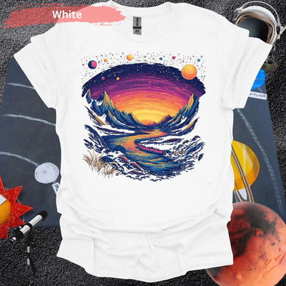 Cosmic Mountains Surreal Landscape T-shirt - S / White - Physical Item