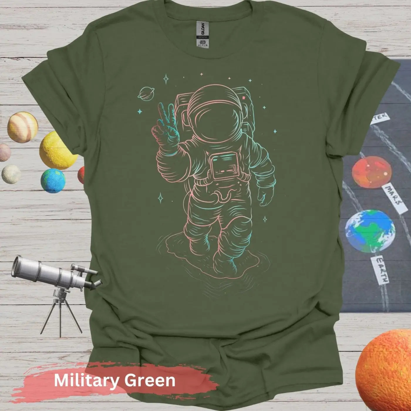 Cosmic Peace Astronaut Shirt - S - Unisex / Military Green - Physical Item