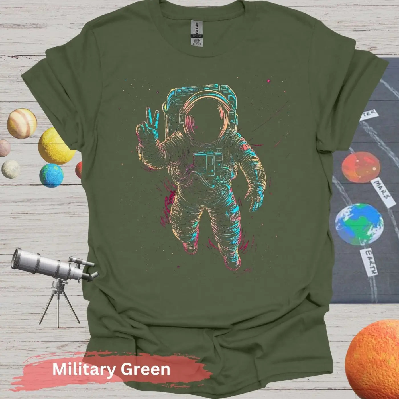 Cosmic Peace Astronaut T-shirt - S - Unisex / Military Green - Physical Item