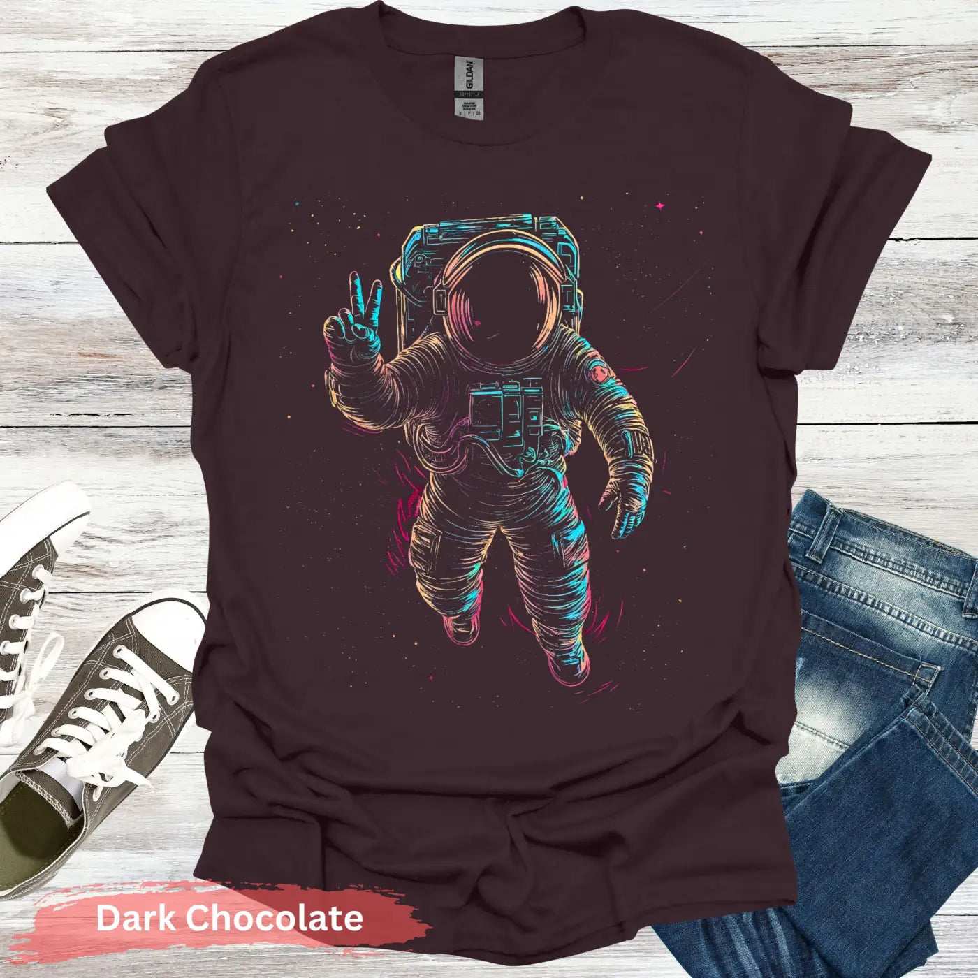 Cosmic Peace Astronaut T-shirt - S - Unisex / Dark Chocolate - Physical Item