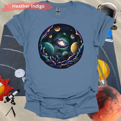 Cosmic Planetary Explosion T-Shirt - S / Heather Indigo - Physical Item