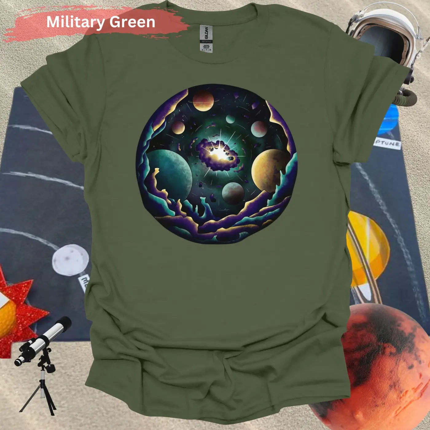 Cosmic Planetary Explosion T-Shirt - S / Military Green - Physical Item