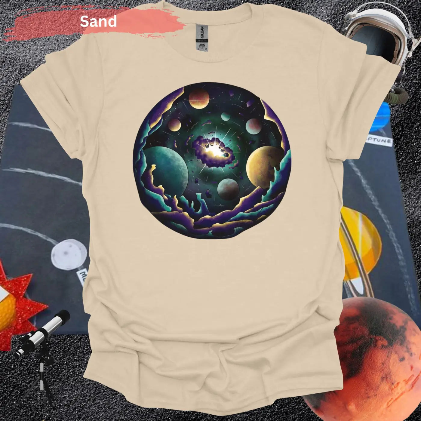 Cosmic Planetary Explosion T-Shirt - S / Sand - Physical Item