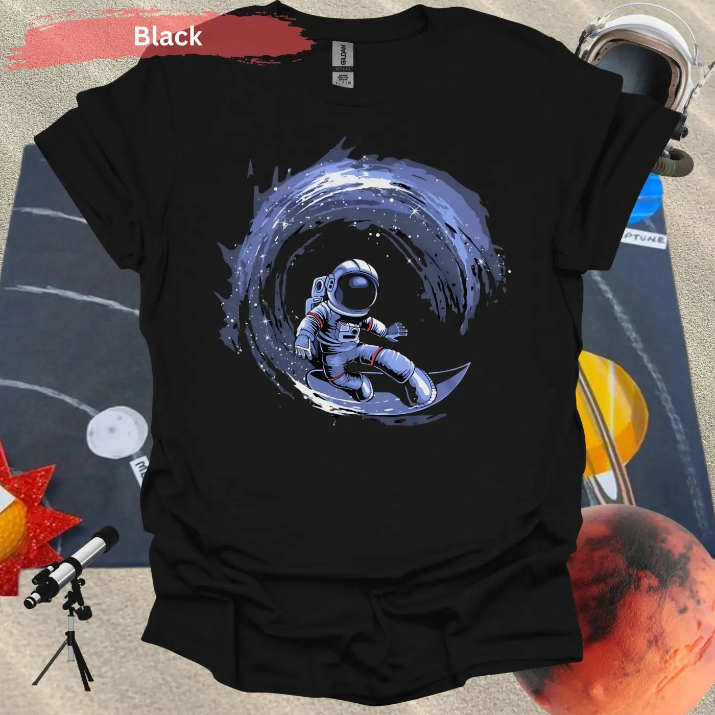 Cosmic Surfing Astronaut T-Shirt - S / Black - Physical Item