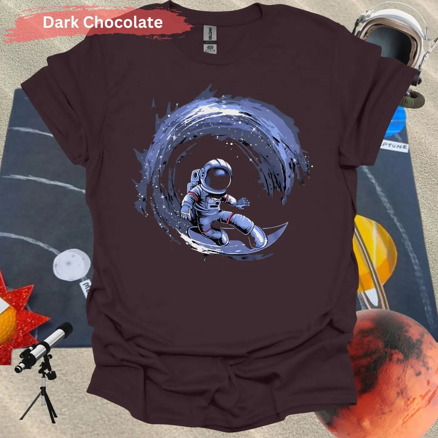 Cosmic Surfing Astronaut T-Shirt - S / Dark Chocolate - Physical Item