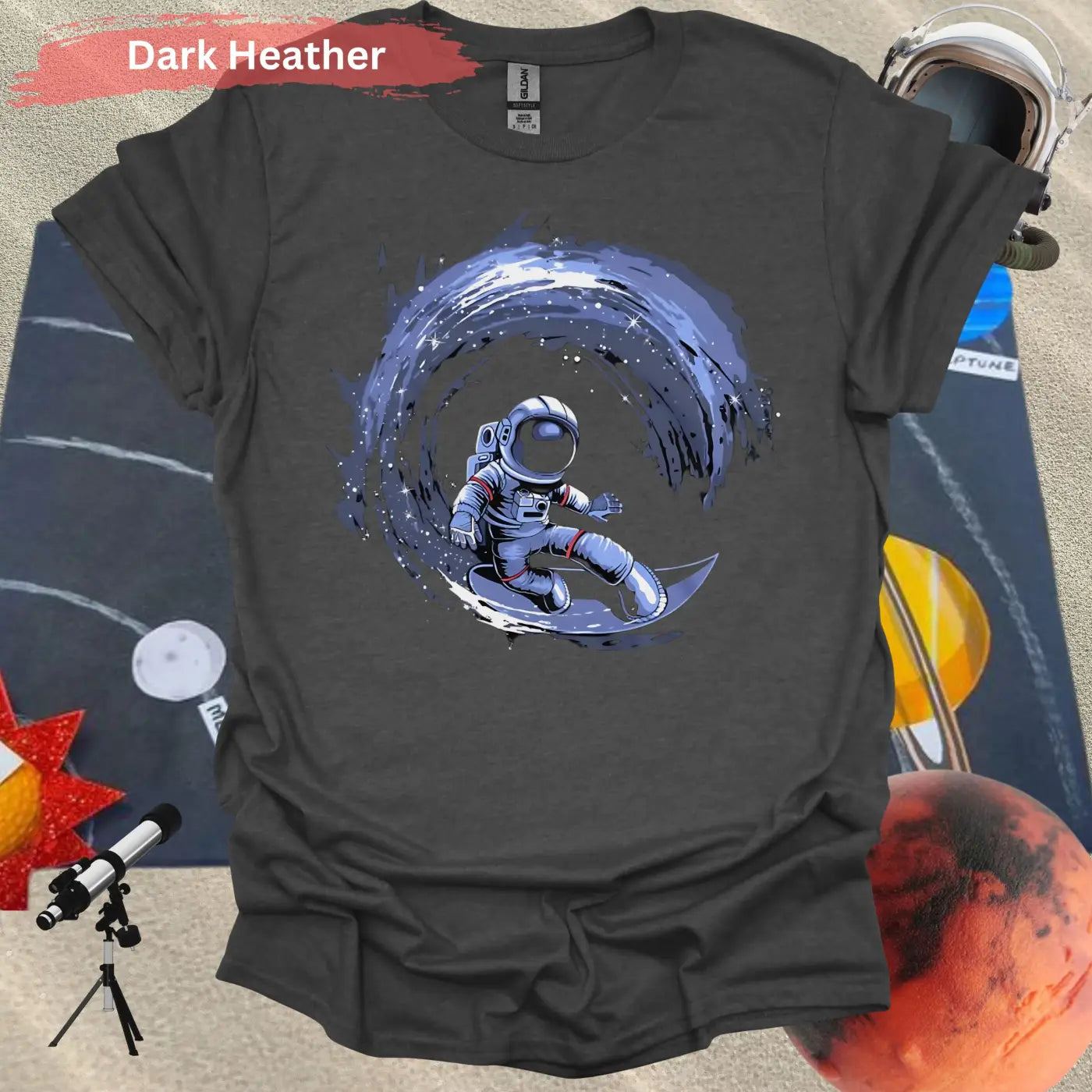 Cosmic Surfing Astronaut T-Shirt - S / Dark Heather - Physical Item