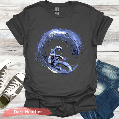 Cosmic Surfing Astronaut T-Shirt - S / Dark Heather - Physical Item