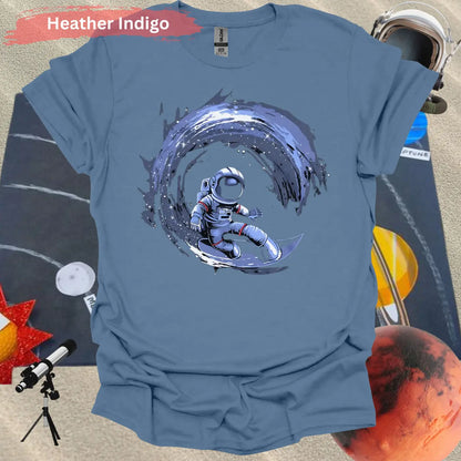 Cosmic Surfing Astronaut T-Shirt - S / Heather Indigo - Physical Item