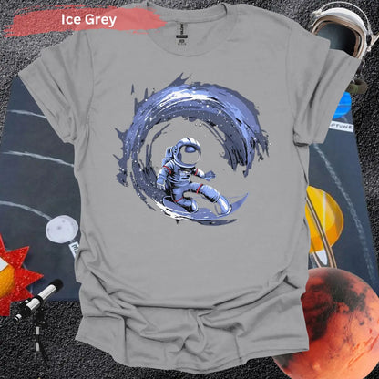 Cosmic Surfing Astronaut T-Shirt - S / Ice Grey - Physical Item