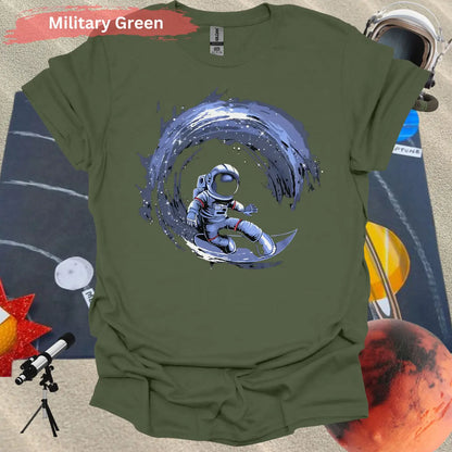 Cosmic Surfing Astronaut T-Shirt - S / Military Green - Physical Item