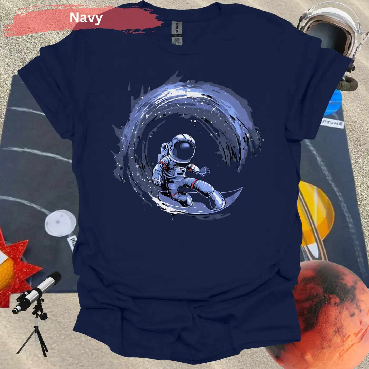 Cosmic Surfing Astronaut T-Shirt - S / Navy - Physical Item