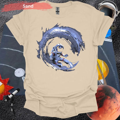 Cosmic Surfing Astronaut T-Shirt - S / Sand - Physical Item