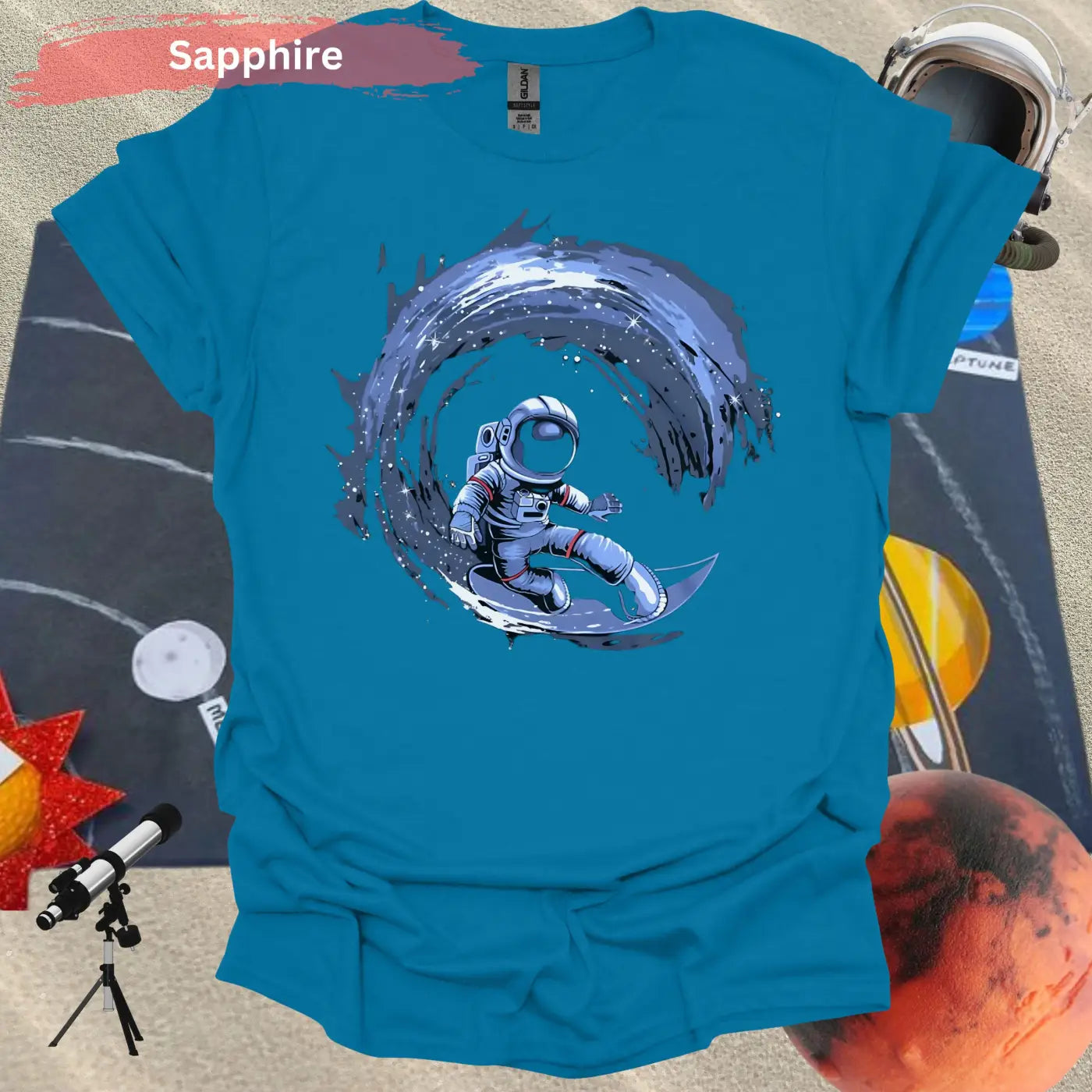 Cosmic Surfing Astronaut T-Shirt - S / Sapphire - Physical Item