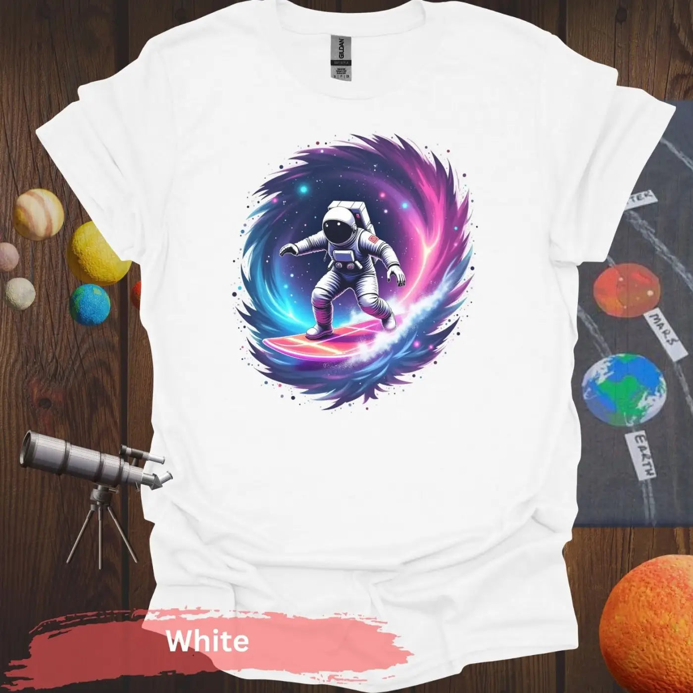 Cosmic Wave Rider – Astronaut Surfing Space Design T-shirt - S / White - Physical Item