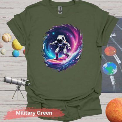 Cosmic Wave Rider – Astronaut Surfing Space Design T-shirt - S / Military Green - Physical Item