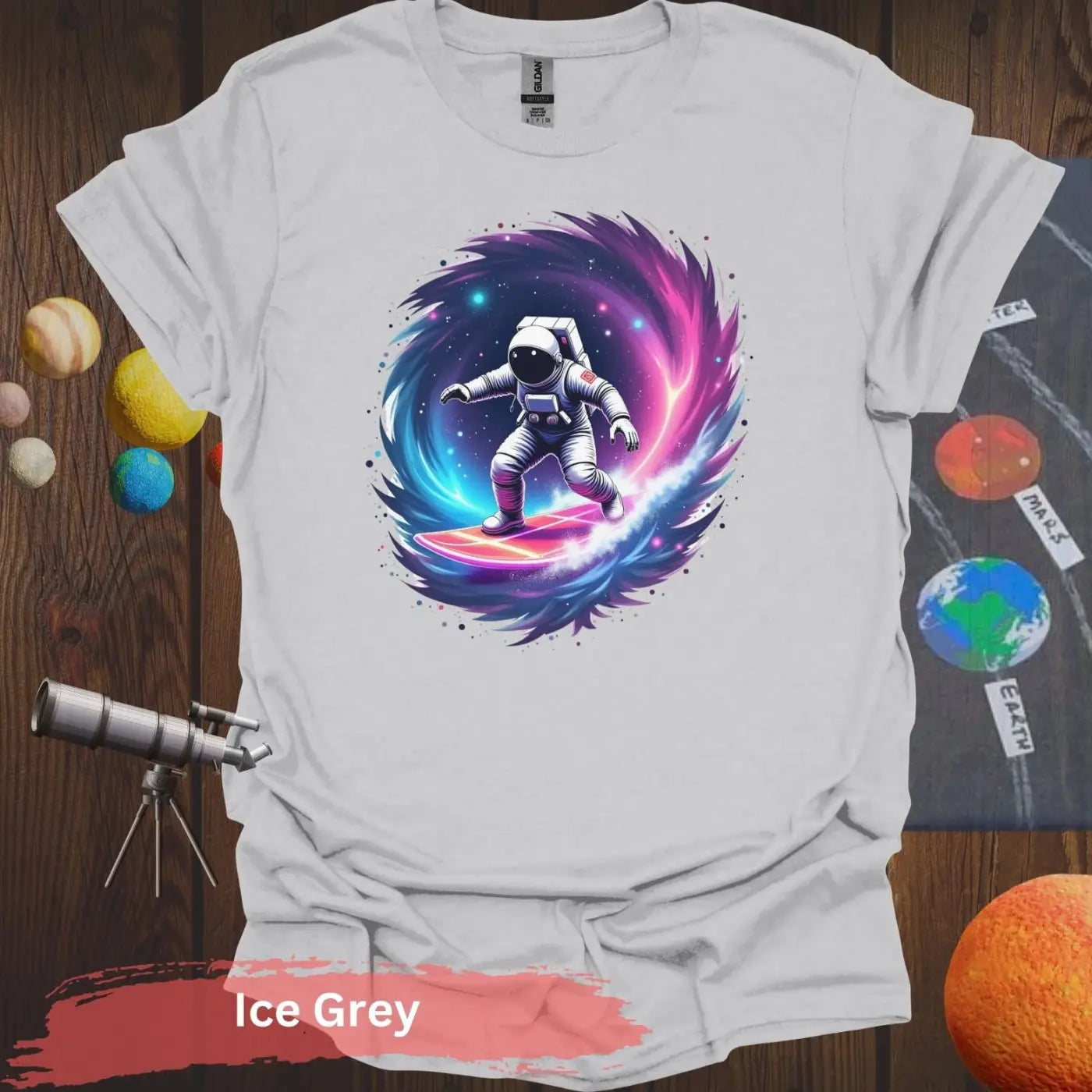 Cosmic Wave Rider – Astronaut Surfing Space Design T-shirt - S / Ice Grey - Physical Item