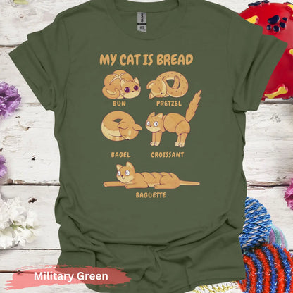 Cute Cat Bread T-shirt - S / Military Green - Physical Item