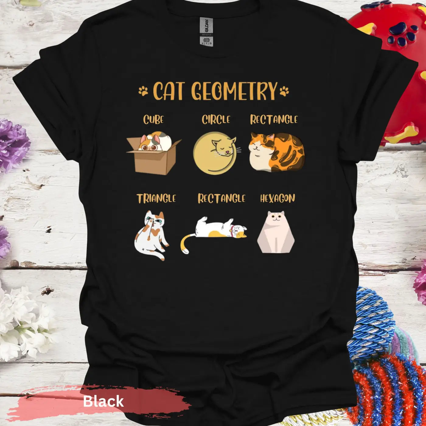 Cute Cat Geometry Shape Funny T-Shirt - S / Black - Physical Item