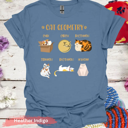 Cute Cat Geometry Shape Funny T-Shirt - S / Heather Indigo - Physical Item