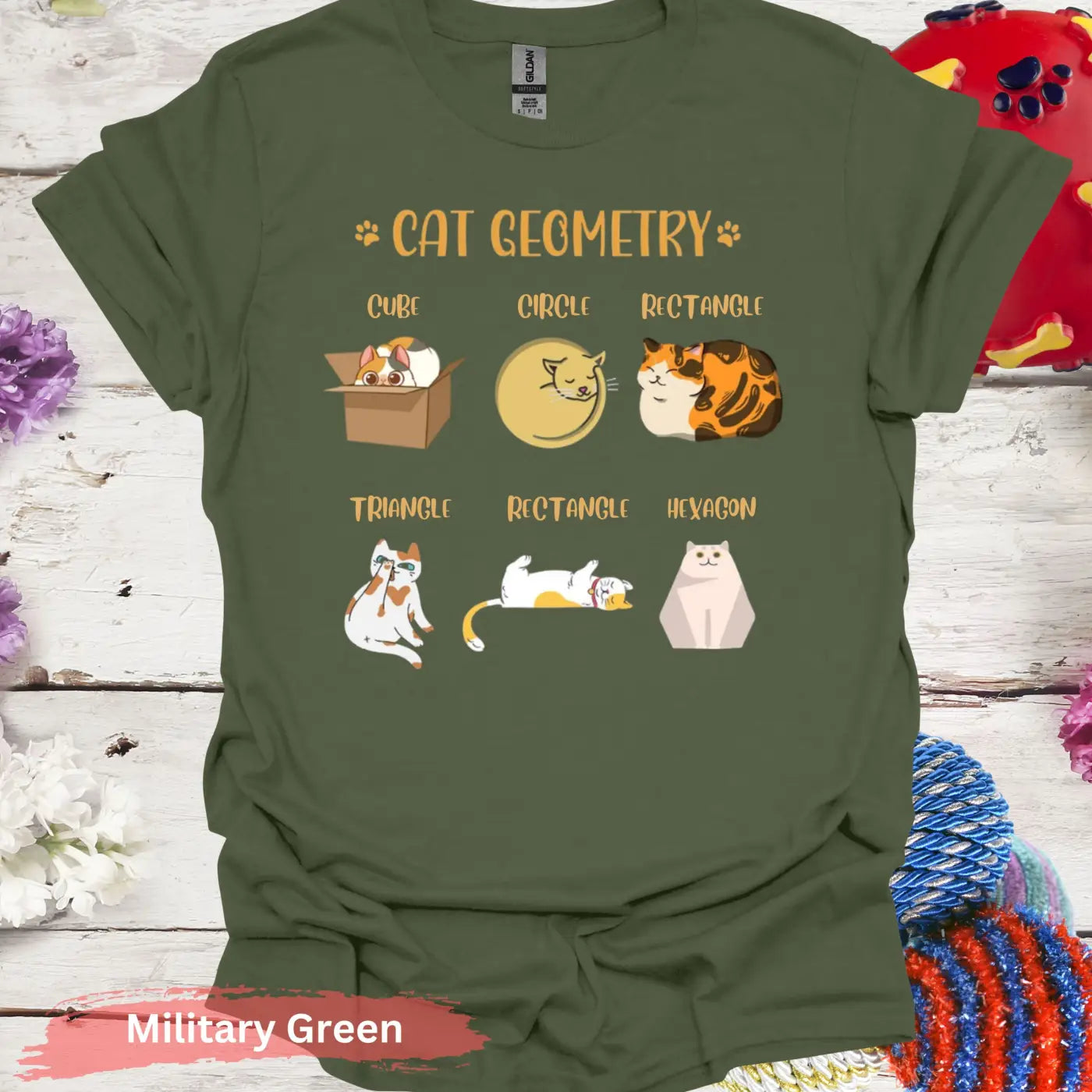 Cute Cat Geometry Shape Funny T-Shirt - S / Military Green - Physical Item