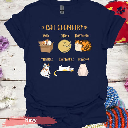 Cute Cat Geometry Shape Funny T-Shirt - S / Navy - Physical Item